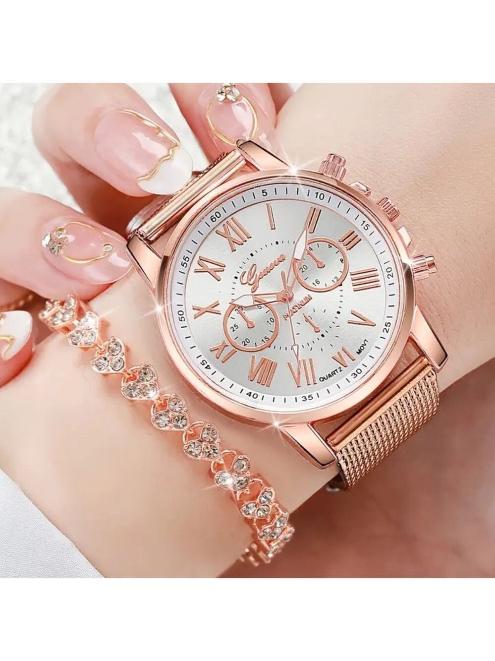 Geneva Rose Gold Watch + Tennis Bracelet Matching Set